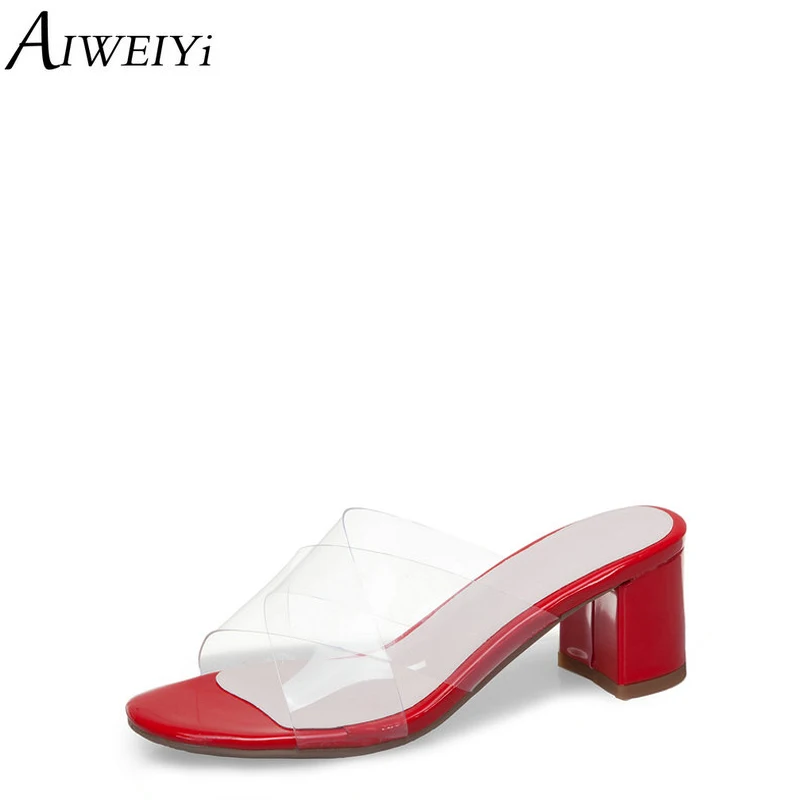 

AIWEIYi Women High Heels Slippers Summer Clear PVC Square Heel High Heels Flip Flops Slip On Girls Platform Pumps Shoes