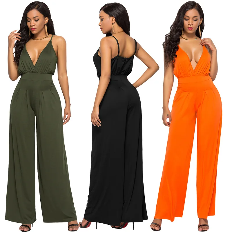 

Women Jumpsuit Sexy Deep V Neck Spaghteei Strap High Waist Casual Summer Fashion Wide Leg Pants Backless Solid Army Green Black