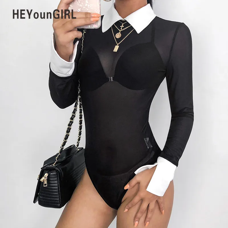 

HEYounGIRL Sexy Black Mesh Bodysuit Transparent Long Sleeve Bodysuit Women Bodycon Short Jumpsuits Party Club Body Womena Top