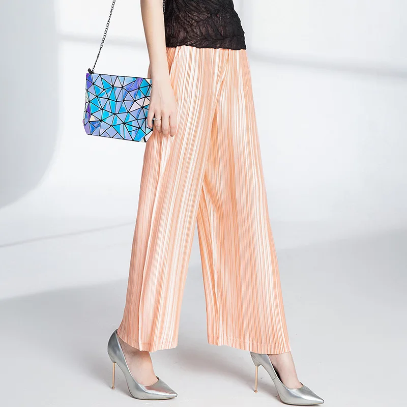 Alta Tamaño Más Mujer Las Pantalones Mujeres Casual Elástica Cintura Orange Miyake Flojos Plisados Womens 2018 Moda Otoño Para 0Bxwg