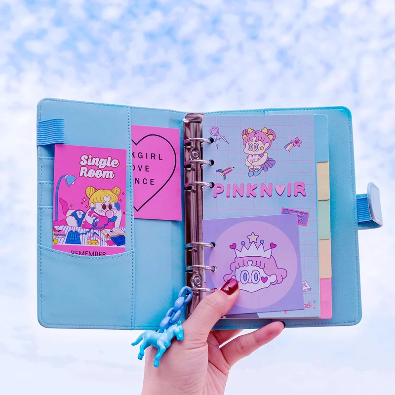 

A5 Macaron Leather Color Cover Notebook Mini Pink Cute Journal Grid Paper Korean Planner Dividers Book With Sticker Card Holder