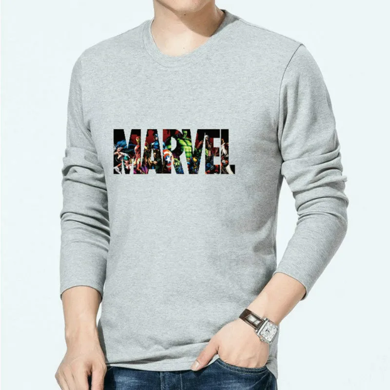 2019 Новая мода Marvel с длинными рукавами футболка Мужская принт супергероя футболка с круглым вырезом хлопок комиксы человек Вэй Рубашка