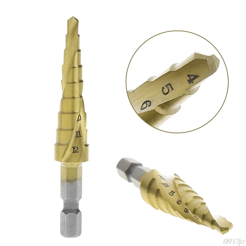 

HSS Step Drill Bits 4mm-12mm Spiral groove Power Tools 1/4'' hex shank 9 steps metal Drilling Titanium New Drop ship
