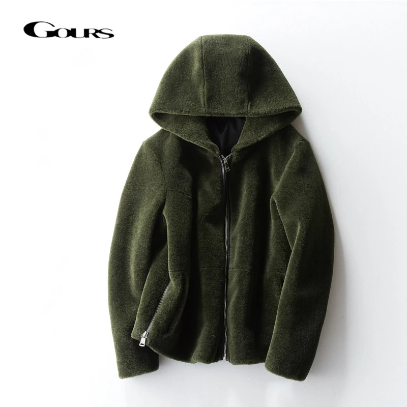 Gours Genuine Shearling Jackets for Women Natural Wool Real Fur Overcoats with Hooded Thick Warm In Winter New Arrival 1018-2