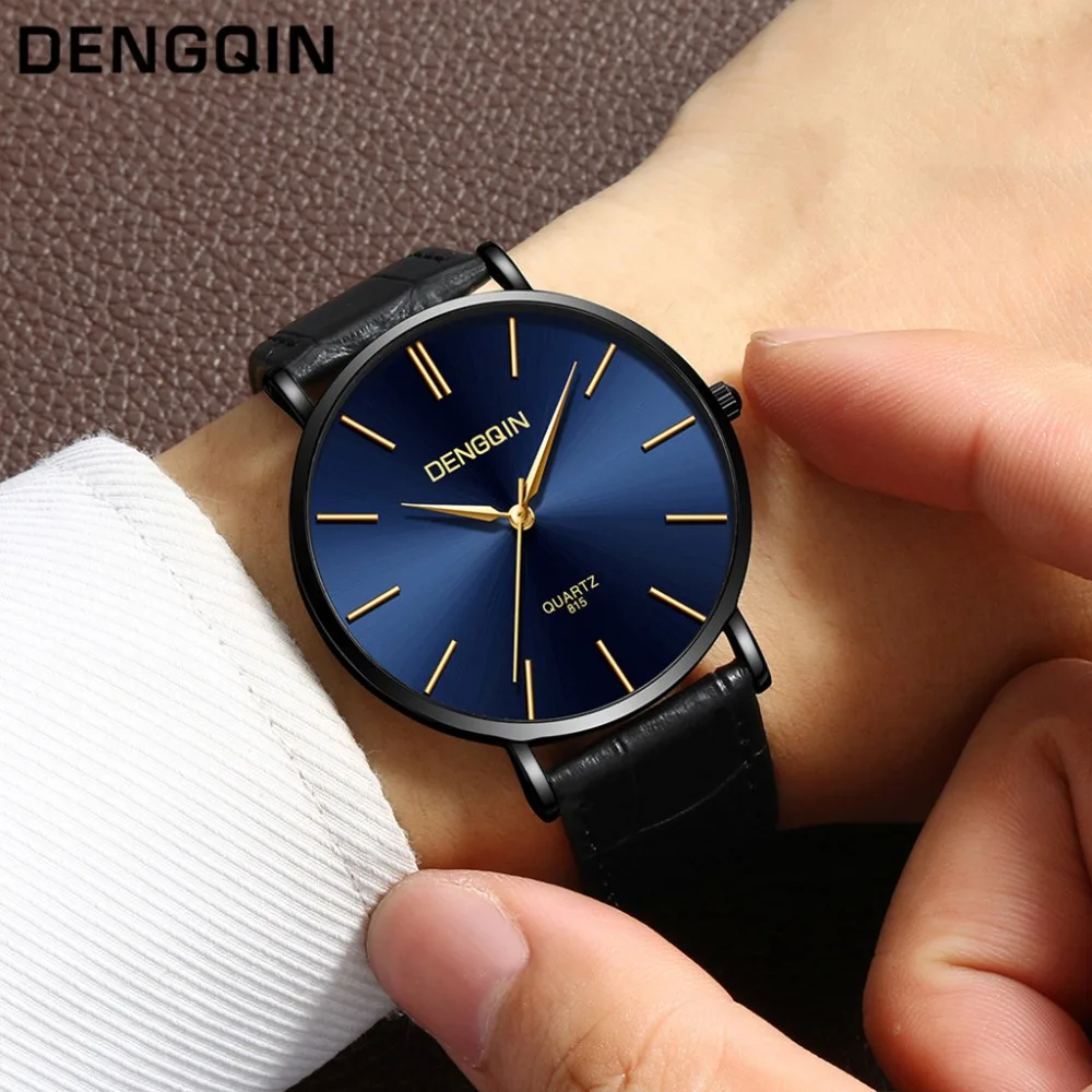 

DENGQIN Newest Men Busines Watch Male Clock Fashion Leather Band Date Mens Quartz Wrist Watch Relogio masculino erkek saat