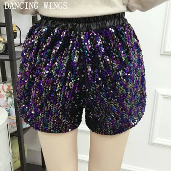 

Fashion Summer Women Sequins Wide Leg Shorts Elastic Waist Hot Shorts Black Purple