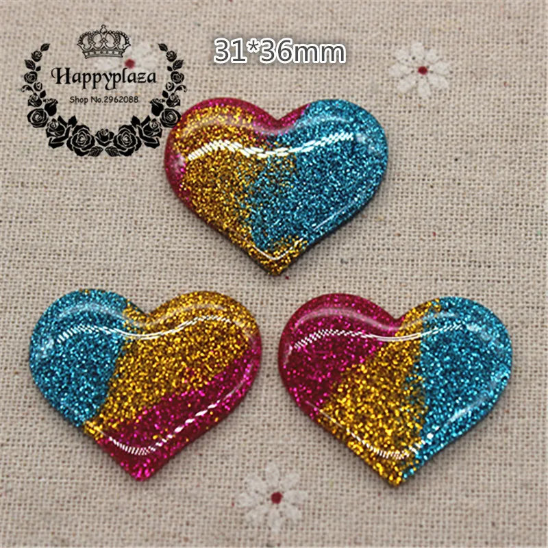 

10pcs Kawaii Resin New Three-color Glitter Heart Flatback Cabochon Art Supply Decoration Charm Craft DIY Accessories,31*36mm