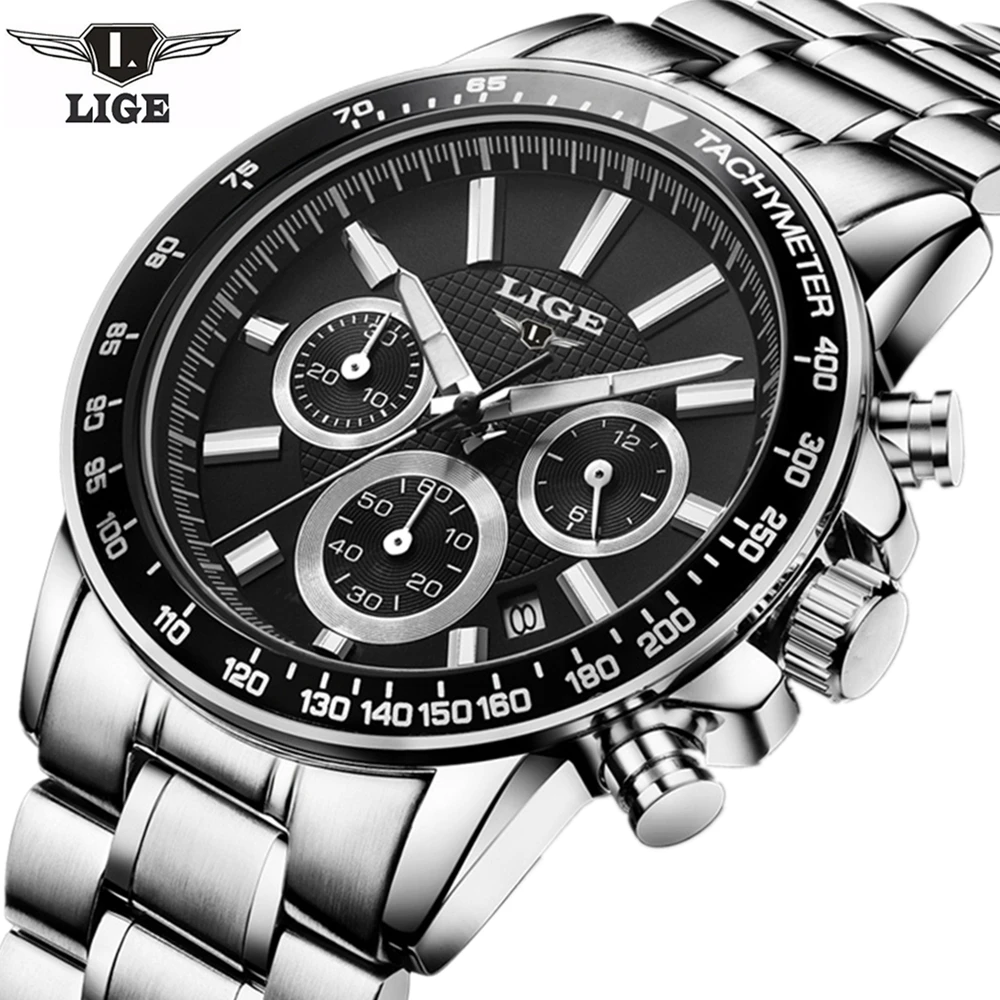 

2016 New LIGE Luxury Brand Watches Men Six pin Full Stainless steel Sport Quartz Watch Man Waterproof Leather Clock Wristwatches