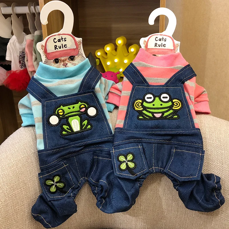 

2018 New Puppy Pet Dog Clothes Jumpsuits Stripe Jean Howling bib Coat Four Feet Clothes Teddy Yorkies Sweatshirt For Small Dogs