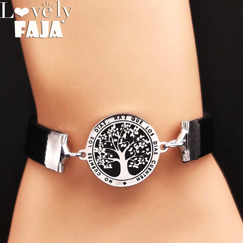 

2019 Tree of Life Leather Stainless Steel Bracelet Women Silver Color Bracelets Bangles Jewelry bracelet manchette femme B18160