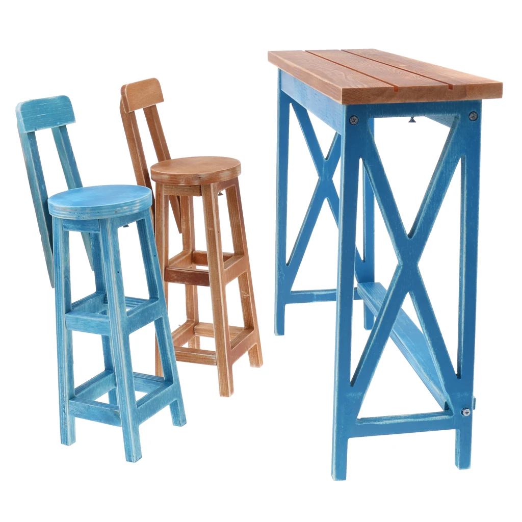 

Miniature Wooden Bar Table Chair Furniture for 1/4 BJD Tonner Doll Blue