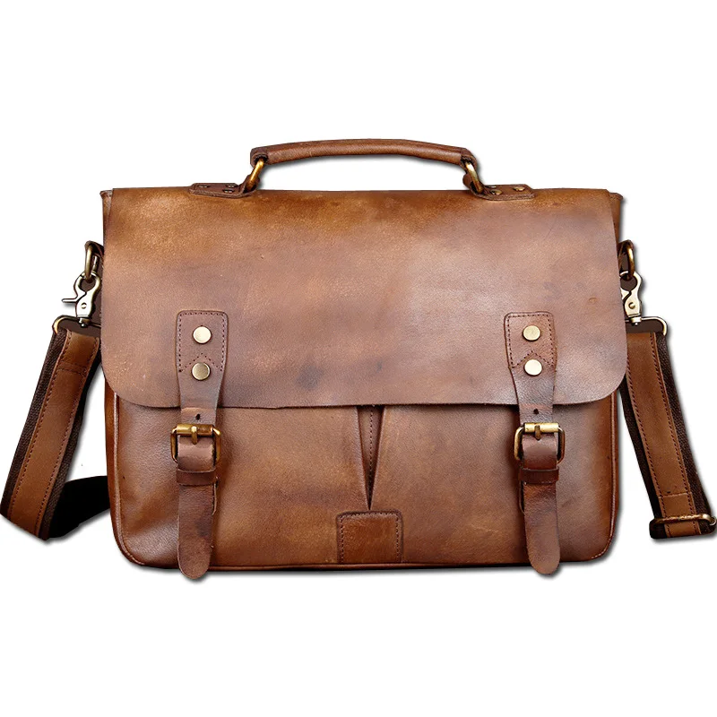 Vintage Classic Briefcase Genuine Natural Leather Messenger Bag Men's