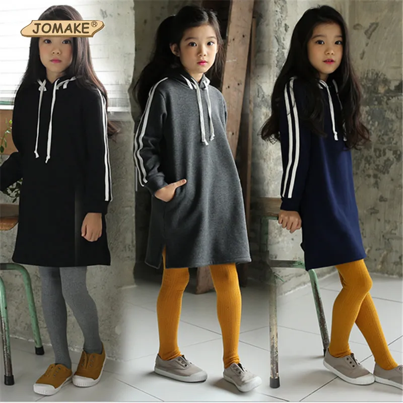 New Baby Girls Long Sweatshirt 2017 Autumn Winter Kids Stripe Hooded Dress For Girls Long Sleeve Kids Fleece Dress Casual Wear