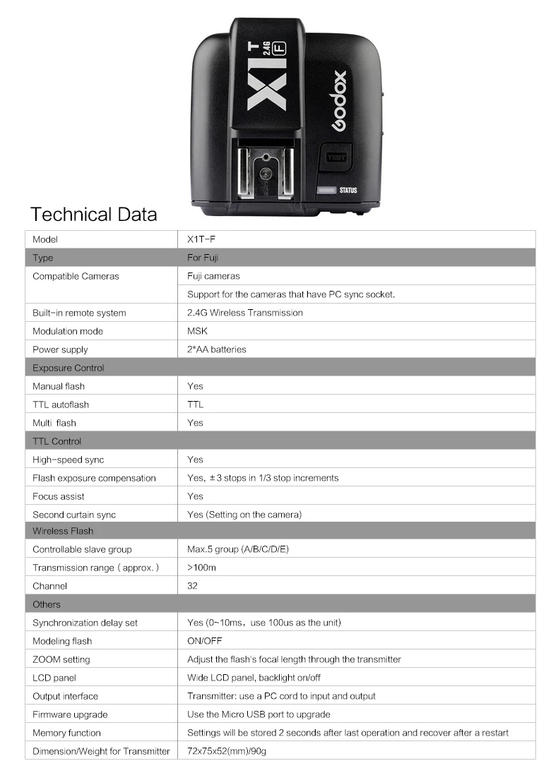 Godox XTR-16 Беспроводной 2,4G Мощность Управление вспышка+ X1T-F ttl Беспроводной для ЖК-дисплея с подсветкой Fujifilm AD180 AD360 AD360II