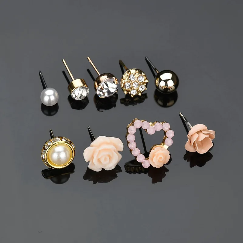 Elegant 9 Pairs/Set Women's Pearl Flower Crystal Studs Earrings Girls Elegant Rose Flower Heart Ear Jewelry Gift