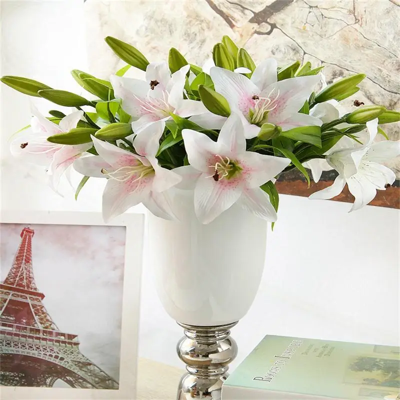 1 шт. 3-вилка 36 см шелковые искусственные букет лилий для Свадебные украшения венок легко изменить расположение таблицы дешевые искусственные цветы - Цвет: White pink