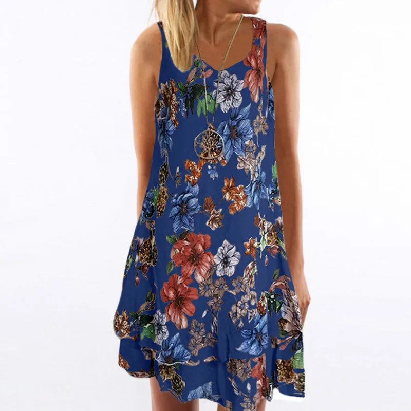 

Summer Bohemian Style Dresses Sleeveless Print Cascading Ruffle Mini Skirt Sexy V-neck Beach Party Dress Women Clothing S-5XL