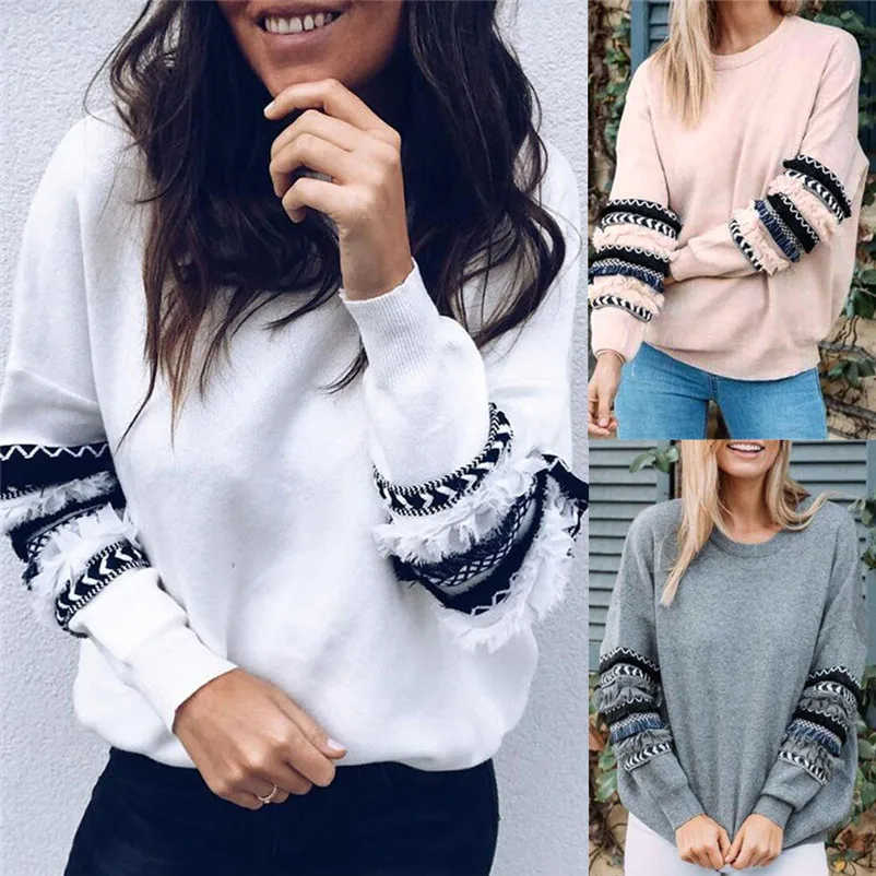 HOT sell sweaters fashion 2018 women Stripe Patchwork Long Sleeve Sweat shirt Pullover Shirt Tops Blouse Invierno O09#N (4)
