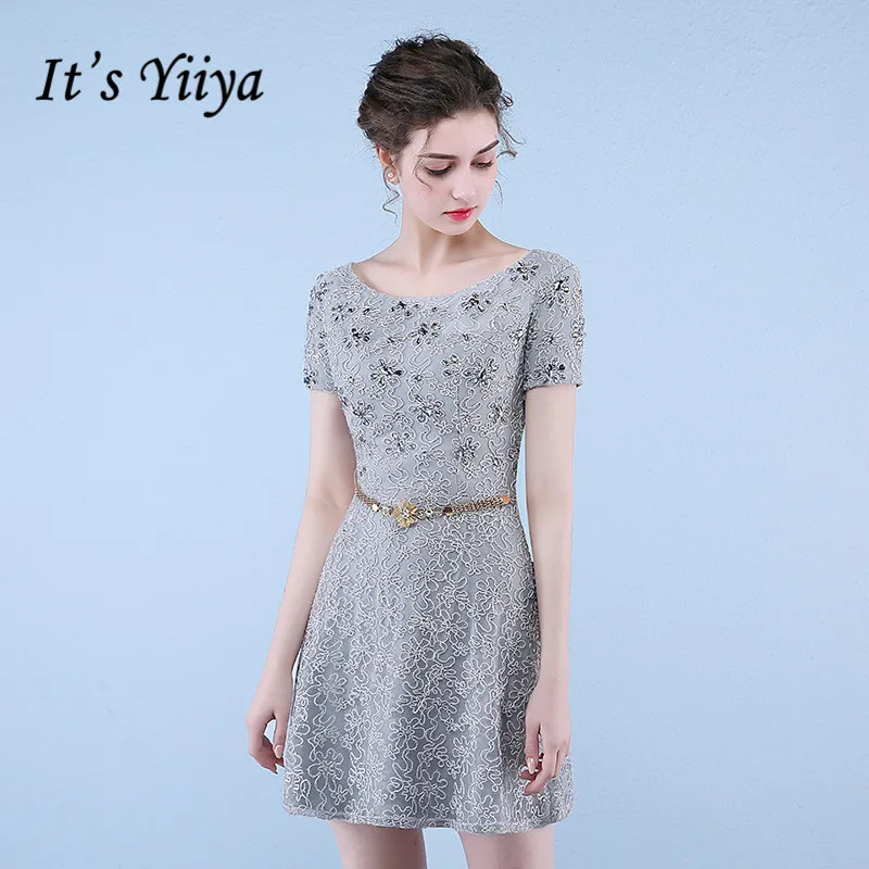 It's YiiYa Elegant Gray O Neck Short Sleeve Appliques Crystal Cocktail