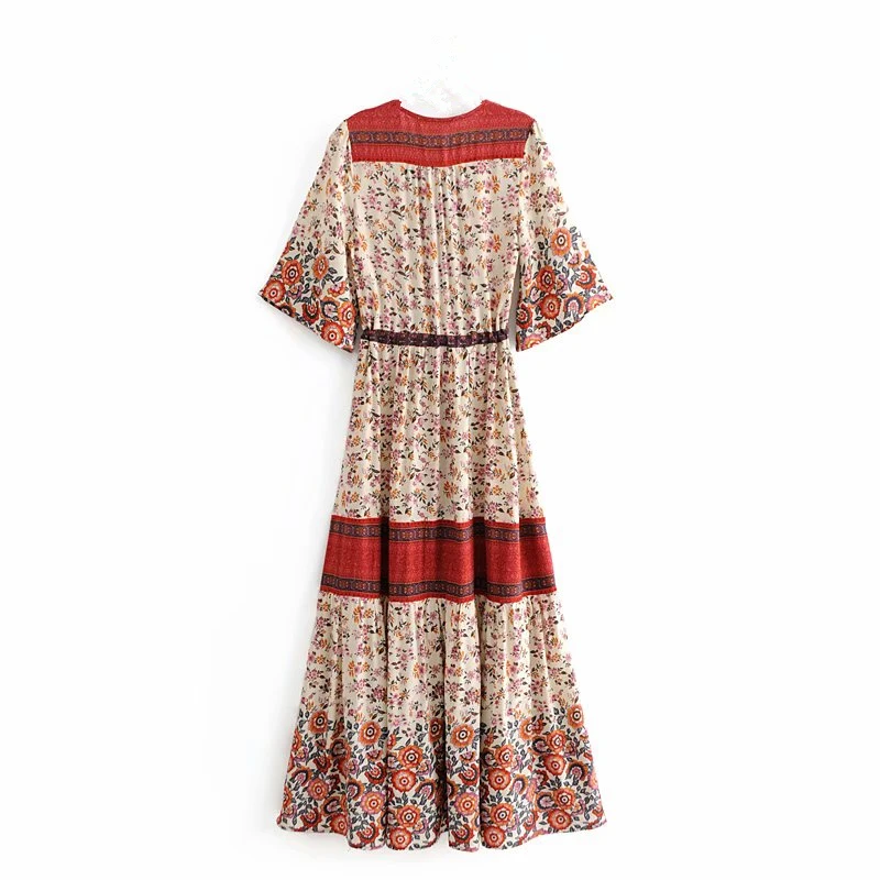 Boho шикарные женские красные цветочные принты с рукавом летучая мышь пляжные богемные вискозные Хлопковые Платья-макси женские платья с v-образным вырезом и кисточками happie vestidos