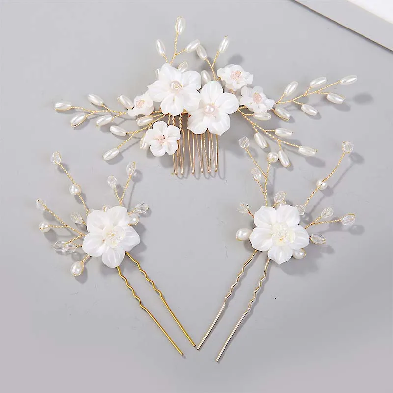 White Flower Pearls Hair Sticks Bridal Hair Comb and Hair Pins