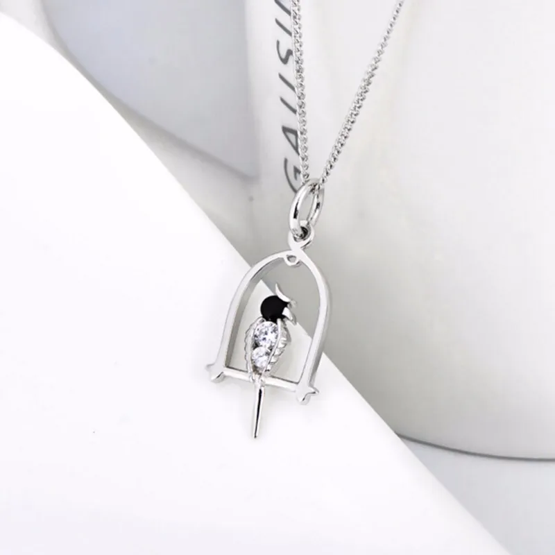 FNX 925 Sterling Silver Pendant Necklace Bird in Birdcage design with 18inch 1mm silver box chain Fine women jewerly gift for lover GNX10254 (2)