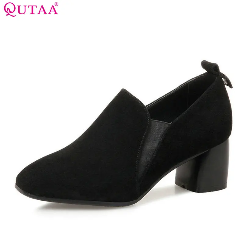

QUTAA 2018 Women Pumps Square Toe Fashion Women Shoes Square High Heel Genuine Leather +pu Westrn Style Ladies Pumps Szie 34-43