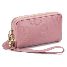  Genuine Cow Leather Women Long Wallet First Layer of Cowhide Ladies Double Zipper Purse Four-Leaf Clover Female Money Bag Clutch 