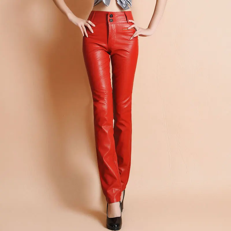 Новые поступления осень зима женские брюки из искусственной кожи Высокая талия Твердые Формальные Длинные кожаные брюки красный/черный размера плюс облегающие - Цвет: orange red 1281-1