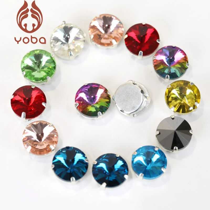 Round Rivoli Red Sew On Rhinestones With Silver Claw Flat Back Glass