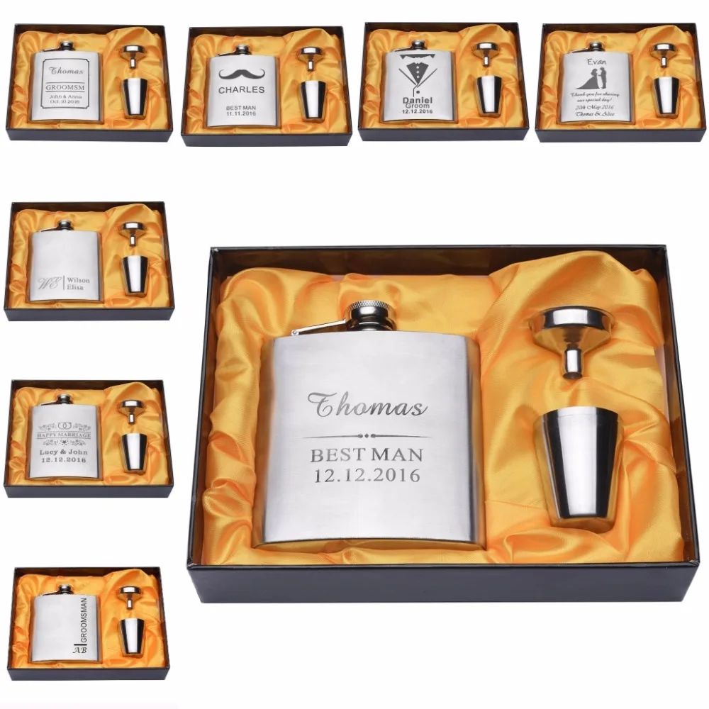 

1 Set Personalized Engraved 6oz Silver Hip Flask Stainless Steel Birthday Valentine's Day Wedding Gift Favors FL02