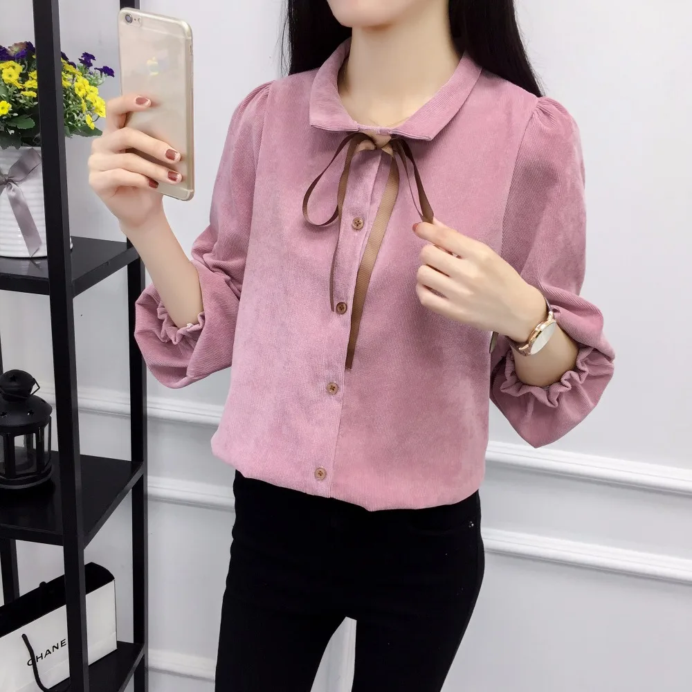 Autumn Long Sleeve Women Shirt Preppy Style Bow Woman Shirt Corduroy Plus Thick Solid Color Women Blouses Turn-Down Collar Top (11)