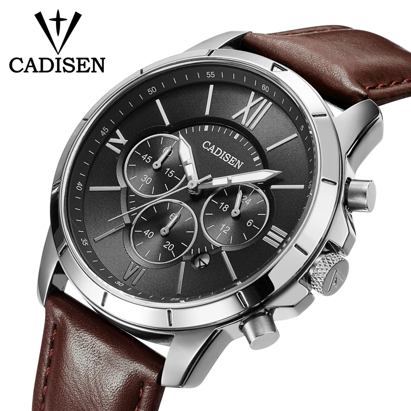 

Cadisen Men's 24-hour Display Quartz Watches Fashion Blue Leather Strap Chronograph Analogue Wristwatch for Man 9060 blue