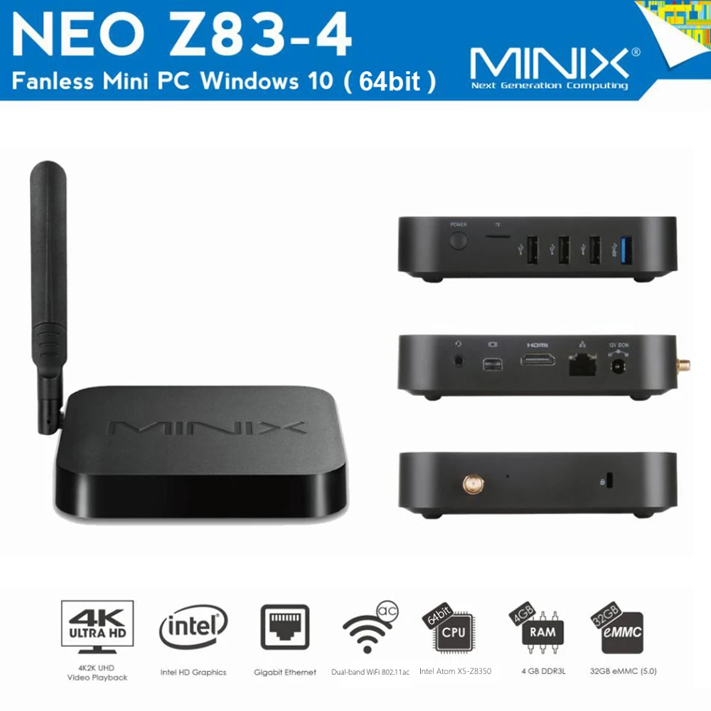 MINIX NEO Z83-4 Fanless Mini PC 4GB+32GB 64bit Windows 10 Intel Atom X5-Z8350 Dual-Band WiFi 2.4GHz/5GHz BT 4.2 4K Media Player |