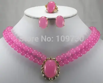 

Jewelry 00837 nice double rows 8mm pink jade necklace pendant earrings ring set (A0511)