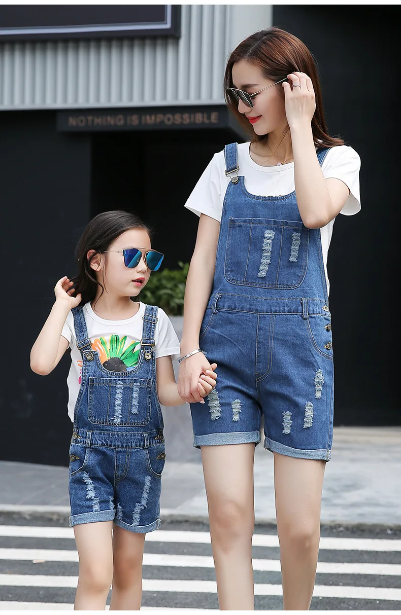 family matching clothes mother and daughter clothing denim blue holes