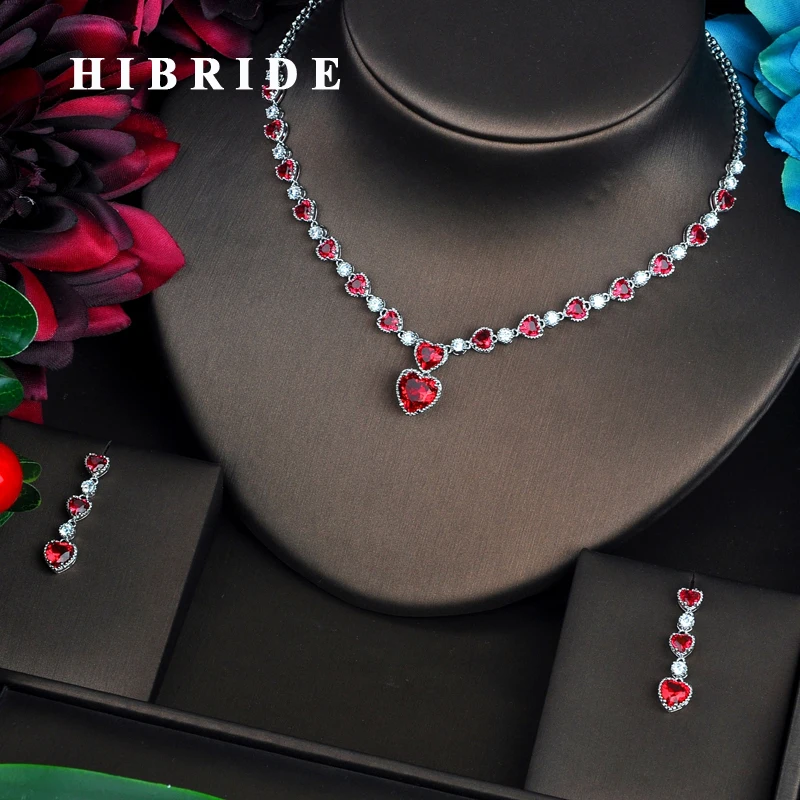

HIBRIDE Fashion Red Love Heart Shape CZ Jewelry Sets For Women Luxury Necklace Set Wedding Dress Accessories Party Show N-452