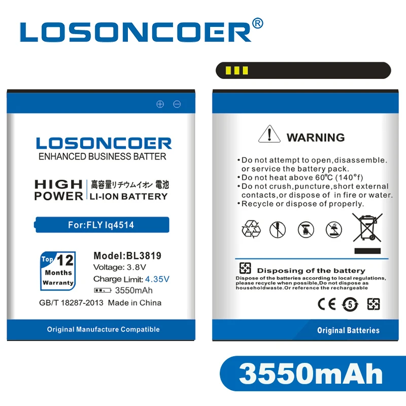 

LOSONCOER 3550mAh BL3819 Mobile Phone Battery For FLY ( Fly ) IQ4514 IQ 4514 Quad EVO Tech 4 High Quality Battery