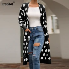 Ursohot, длинные свитера, вязаные, с карманами, пальто, открытая стежка, женский свитер, осенние зимние кардиганы, свитера, свободные, в горошек, джемперы