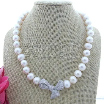 

N101607 19" 12-13MM White Freshwater Pearl Necklace CZ Pendant