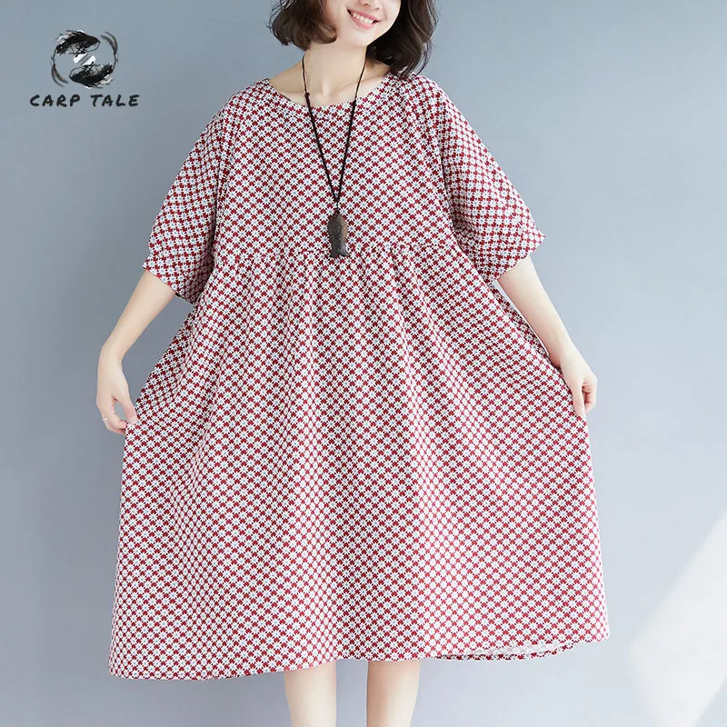

CARP TALE spot 2019 new floral dress female loose large size cotton and linen collection foreign era green red dress M-XXL
