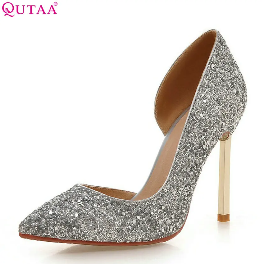 

QUTAA 2018 Women Pumps Fashion Slip on Bling Thin High Heel Pointed Toe Pu Leather Sping/ Autumn Women Pumps Szie 33-43