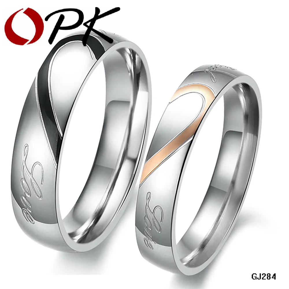 

OPK JEWELRY 2 rings Free Box! "Real Love" 316L Stainless Steel half Heart Couple ring for Wedding/ Engagement hot promise ring