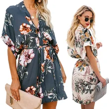 Весеннее летнее женское платье, тонкое, на шнуровке, с v-образным вырезом, сексуальное, бохо, платье для девушек, с цветочным принтом, повседневное, мини, Пляжное, сарафан для женщин