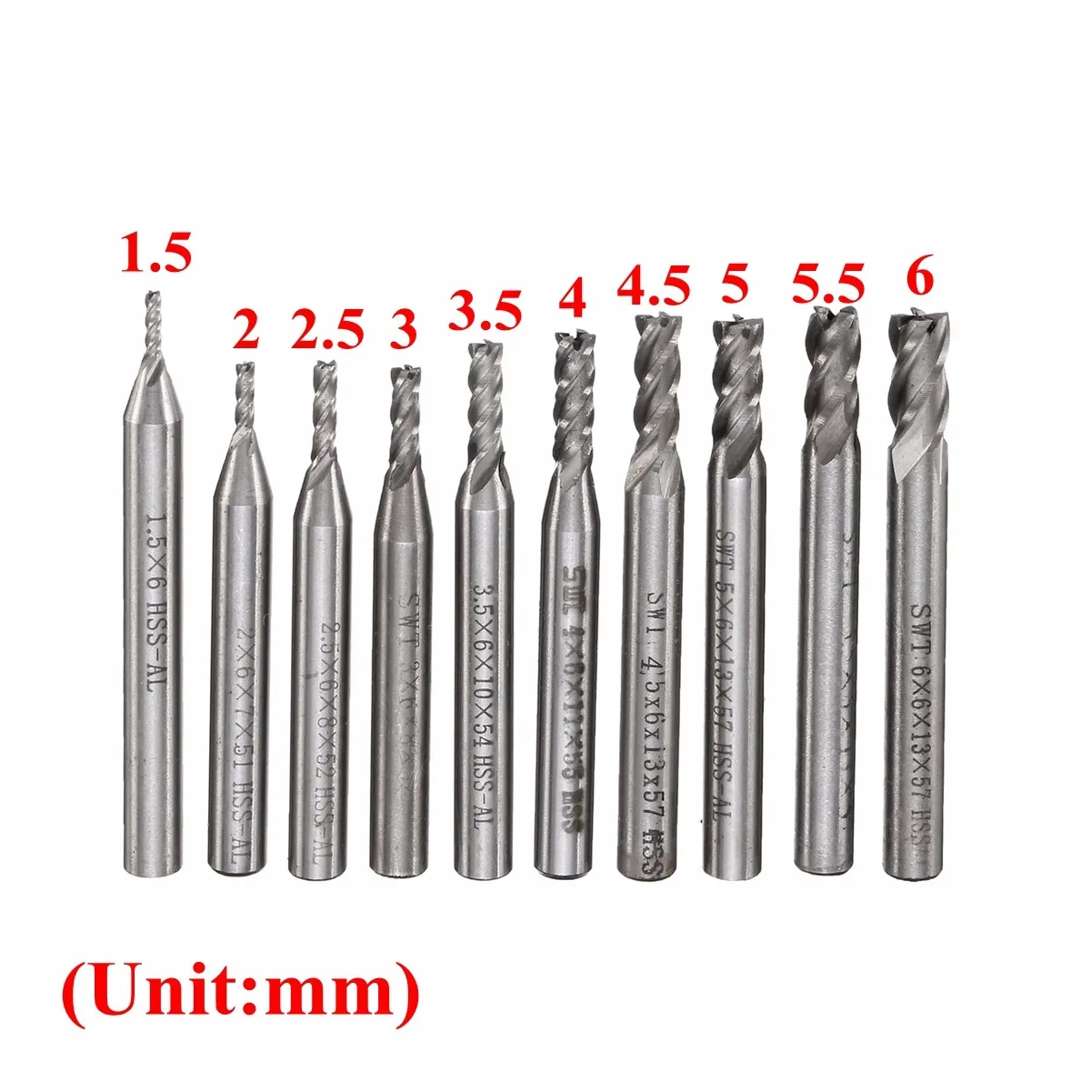 10Pcs Set 10 Size 1 5 6mm HSS Aluminum CNC 4 Flutes Blades End Milling Machine