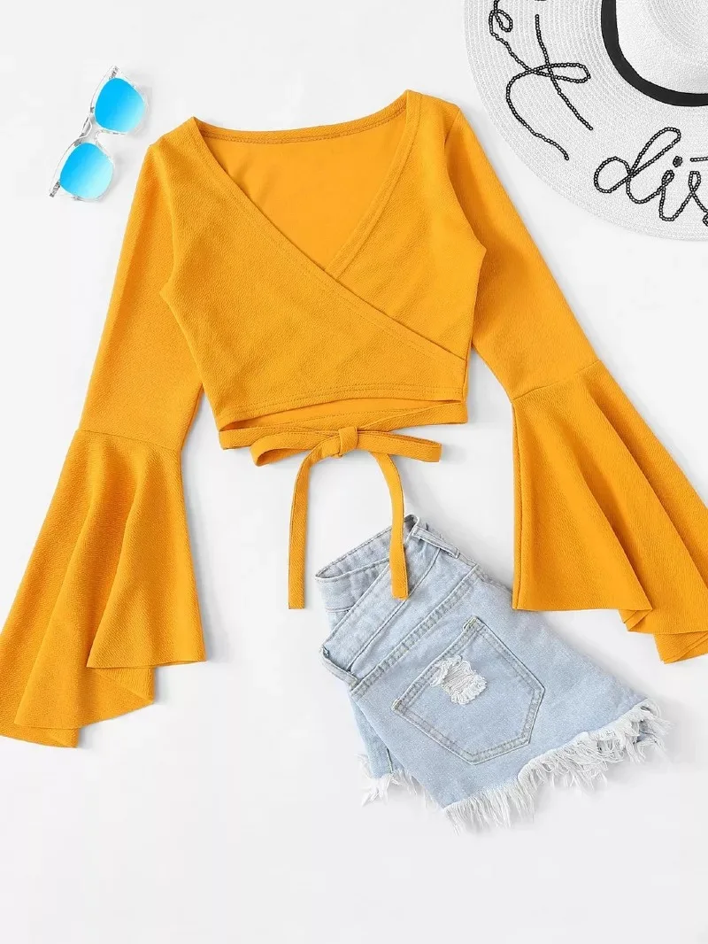 

Crop Top Solid Tshirt Women Bandage Summer T Shirt Long Sleeve Sexy Koszulki Damskie Black White Yellow Tee Camiseta Mujer 2019