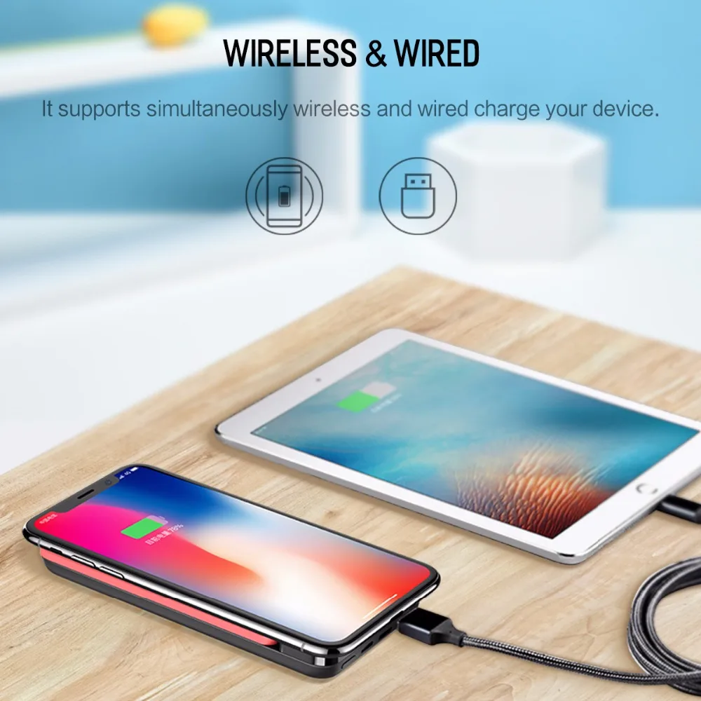 ROCK QI Wireless Charger Power Bank 8000mah with Digital Display 5V 2A 5W External Battery Powerbank for iphone X Samsung Xiaomi