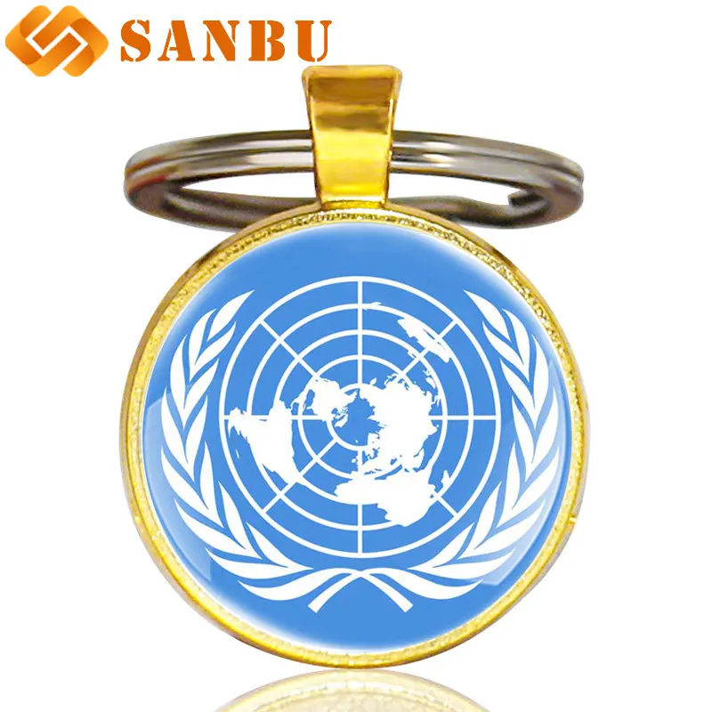 Серебряные ювелирные логотип Организации Объединенных Наций кулон брелки Для мужчин Для женщин Мода Стекло карабин для ключей подарки