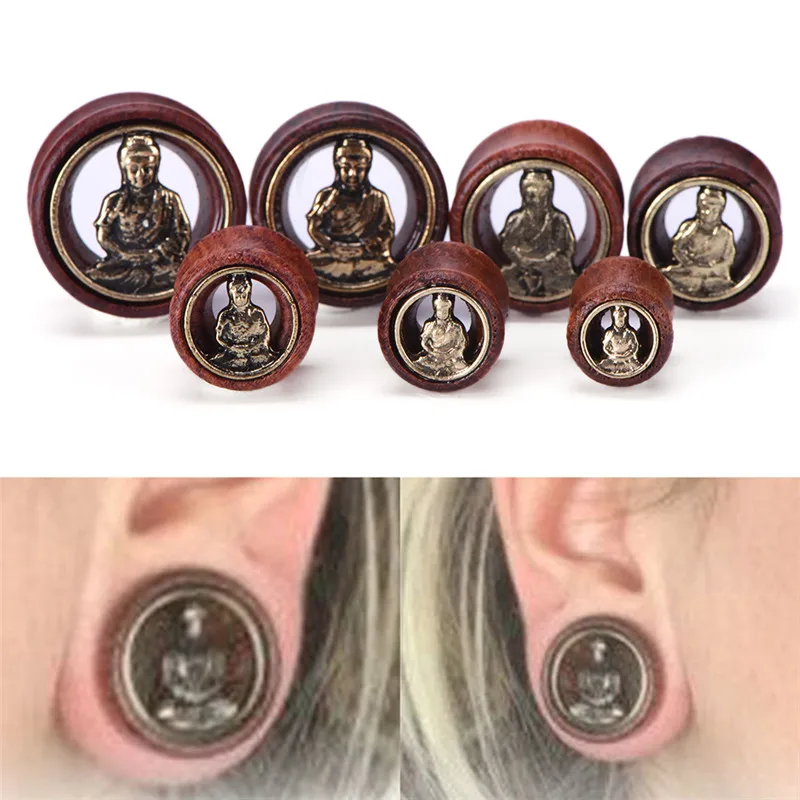 Wood Buddha Ear Plugs Double Flared Flesh Tunnel Gauges For Women Men