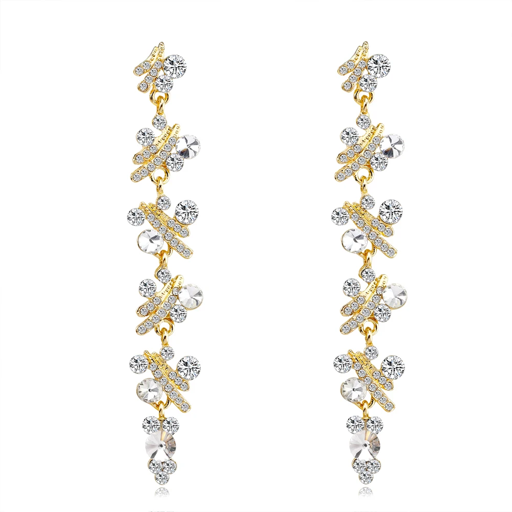

New Fashion Silver / Gold Rhinestone Long Earring Romantic Flower Shape Earrings For Women Bride Wedding Dress Jewelry Gift